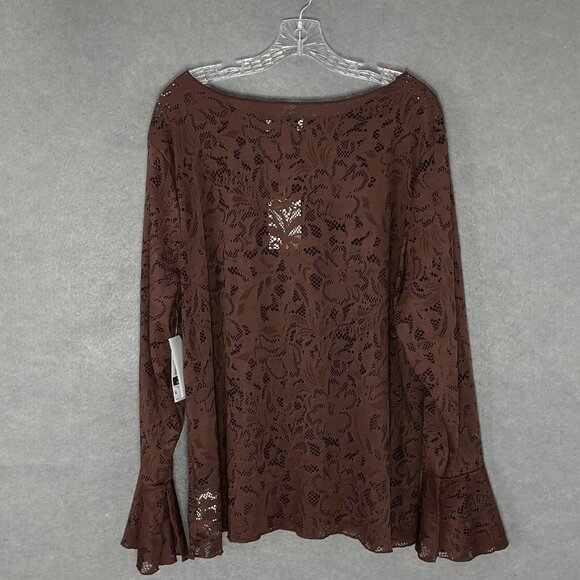 Jessica Simpson Top Womens Sz 3X Brown Floral Lace Sheer Bell Sleeve Fairy Boho - Picture 2 of 15